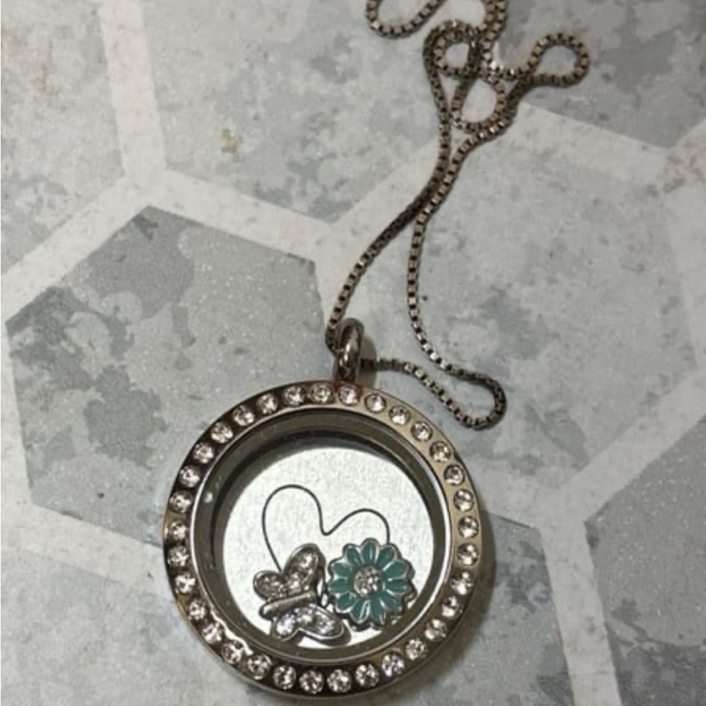 Silver Locket Necklace with Butterfly and Flower